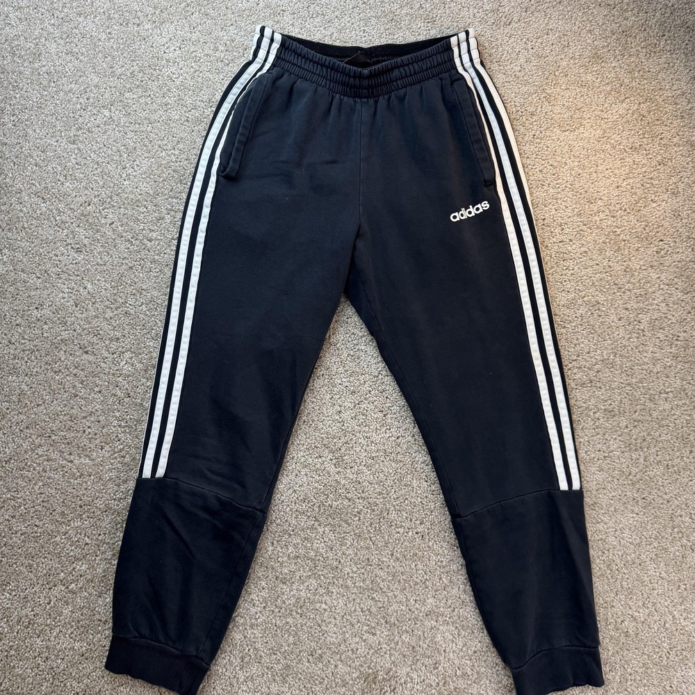 Adidas Sweatpants Mens Small Black Fleece Elastic Waist Pockets Side Stripe